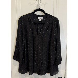 Elle XXL Black and White Polka Dot V-Neck Blouse Pleated Workwear Retro Classic